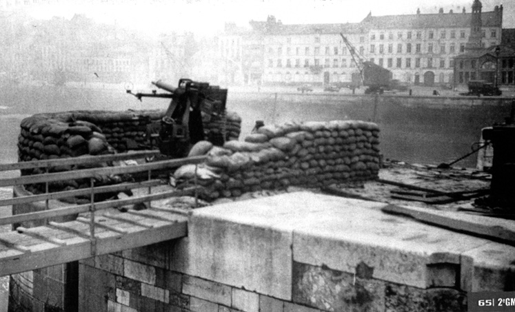 The sandbagged defensive position at the north end of the Gare Maretime