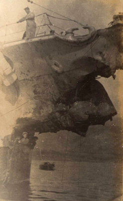 Bow of HMS Caledon after collision, 1928