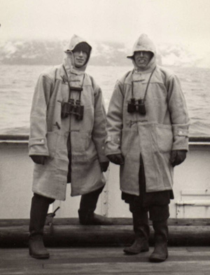 Colin Donald in oilskins on deck of HMS Milford, Bouvet Island, 1933