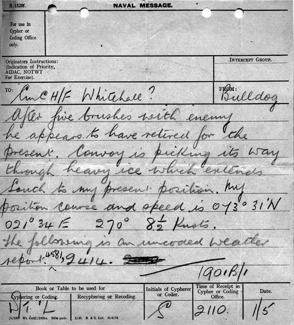 Naval message rom HMS Bulldog, May Day 1942.