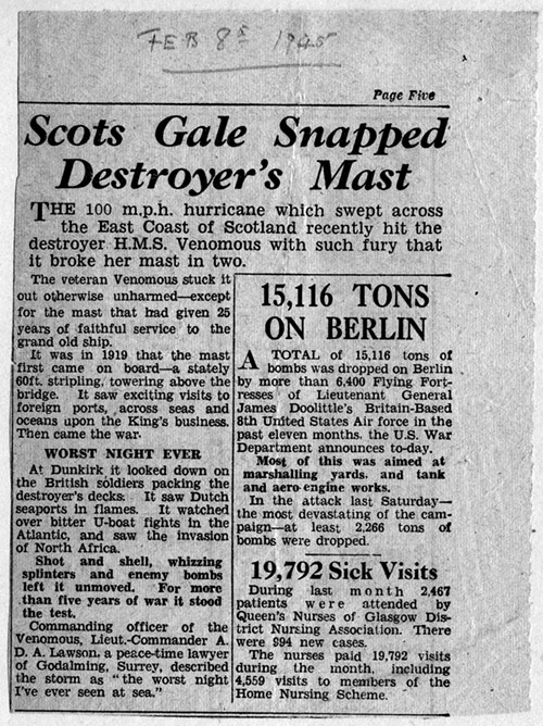 Press cutting about the hurrican in which HMS Venomous was nearly lost, January 1945