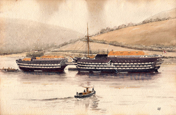 HMS Britannia and HMS Hindustan on the Dart painted by Eric Tufnell while a Cadet in the RN at Dartmouth