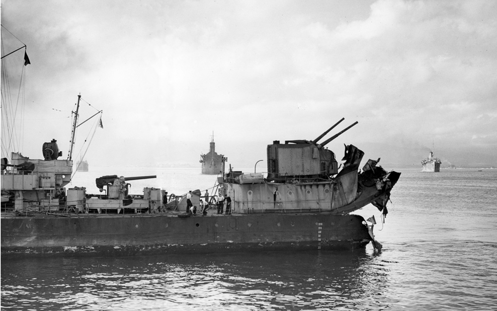 HMS Marne sat Gibraltar with stern blown off