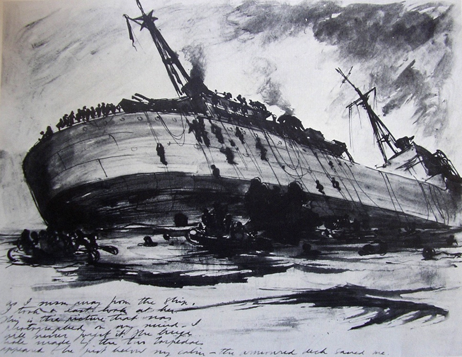 Sketch of HMS Hecla sinking by Lt HH McWilliams SANF