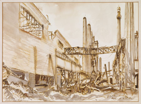 Bombed stell works at Piombino; painting by Herbert H McWilliams