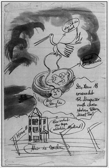 Cartoon of the birth of Evi at House 18, Ochan Camp, October 1940