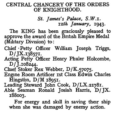 London Gazette, award of BEM to ix PO and ratings after Hecla detonated a mine