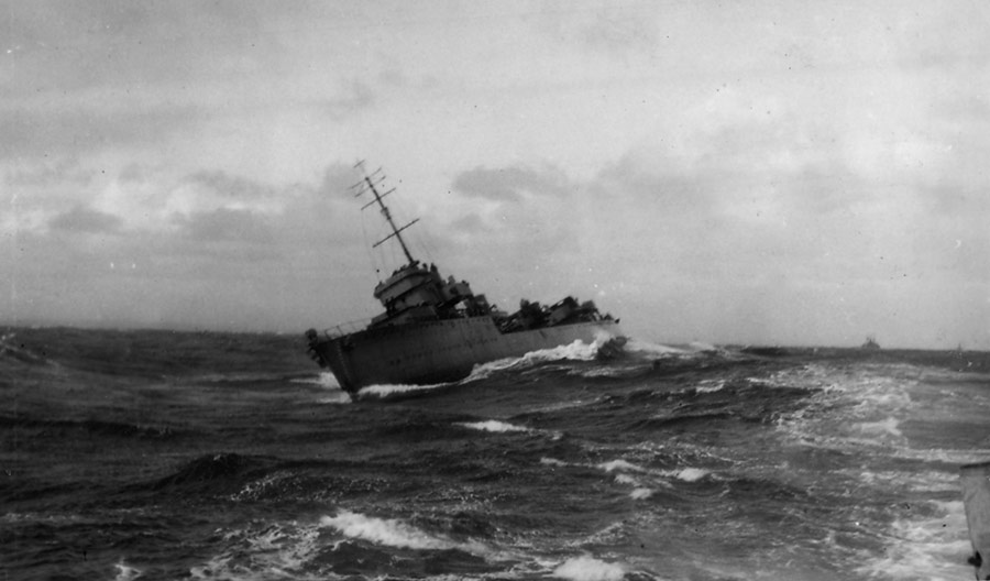 HMS Vimiera in rough seas on East Coast convoys
