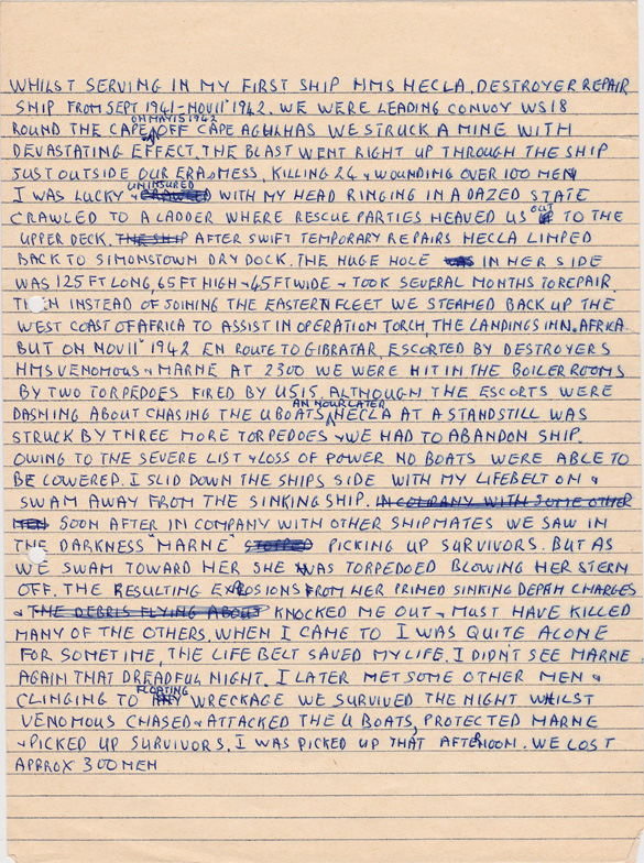 Bob Lancaster's hand written account of what happened when Hecla was mined and later torpedoed.