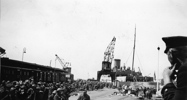 Mona Queen alongside Gare Maritime, viewed from HMS Venomous, 22 May 1940