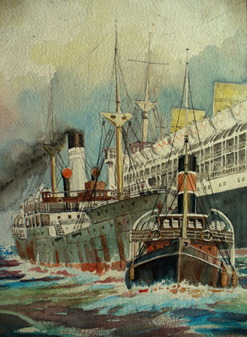 Tramp being towed by tug painted by R.T. Bacl when 16