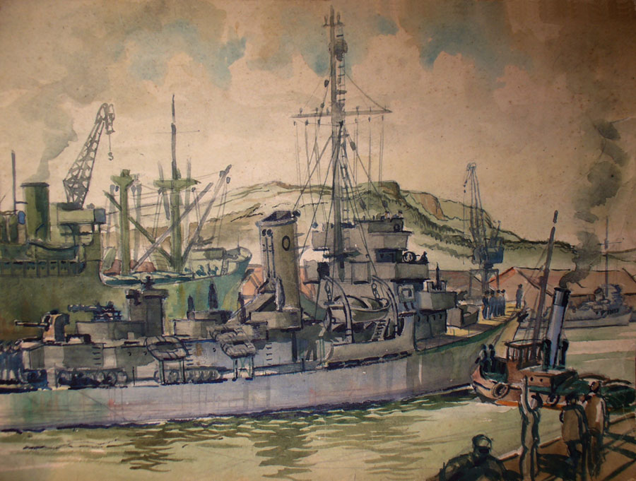 Captain Class frigate painted by Rober Back, 1944