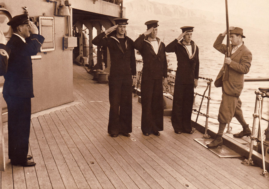 Capt Coltart saluted aboard HMS Hecla by the SBA